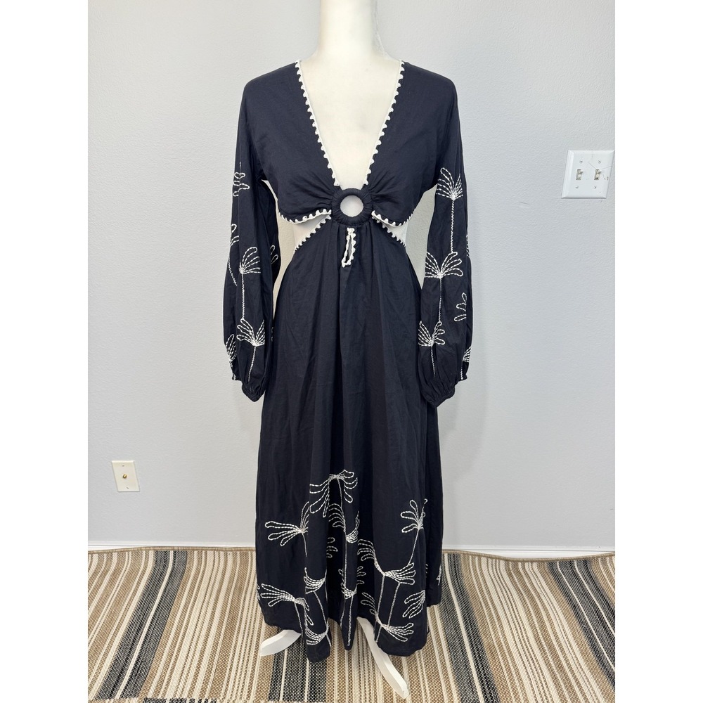 Chakeris Dress Women's Small Blue Embroidered Cutout Maxi Boho Long Sleeve